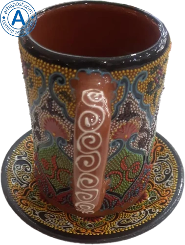 Altyn Adam mug and saucer made of ceramic, yellow-green-red photo 3