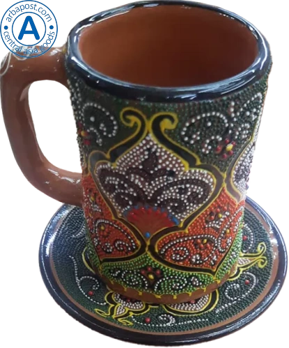 Altyn Adam mug and saucer made of ceramic, green-red-brown