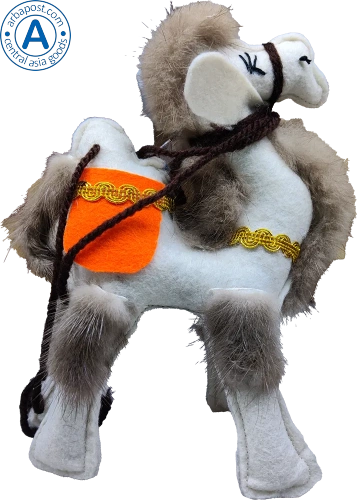 Zhibek Zholy camel made of felt, white-brown with orange bag photo 2