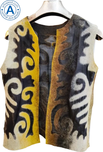Altyn Adam vest made of felt and silk, short, yellow with black pattern