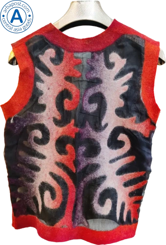 Altyn Adam vest made of felt and silk, short, red with black pattern photo 2