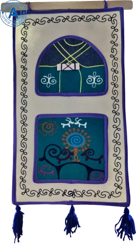 Altyn Adam picture made of felt, triple, blue yurt-orange man on blue background photo 2