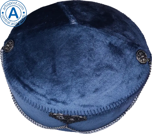 Altyn Adam cap made of velvet, short, dark blue with triangular metal pattern photo 2