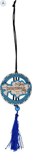 Altyn Adam keychain made of wood, Kazakhstan map, blue