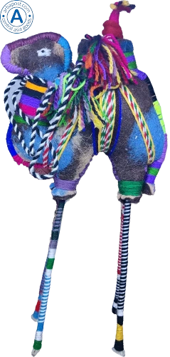 Zhibek Zholy camel with human made of felt, blue with black-orange-red stripes photo 2