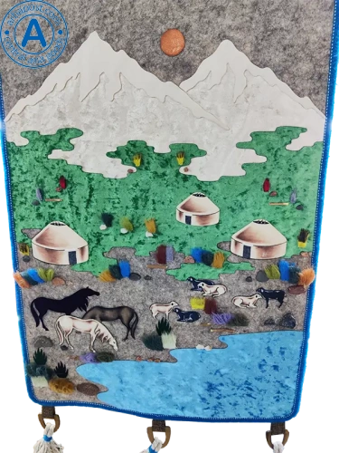 Altyn Adam picture made of felt, silver mountains-horses-rams on green grass photo 2
