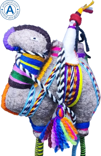 Zhibek Zholy camel with human made of felt, grey with blue-yellow-violet stripes photo 3