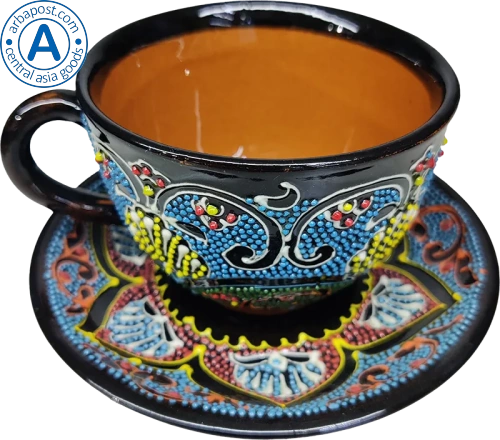 Altyn Adam cup and saucer made of ceramic, blue-black-yellow