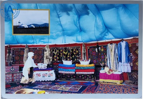Altyn Adam postcard, Kazakhstan culture, inside yurt