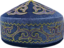 Altyn Adam cap made of velvet, short, dark blue with yellow-violet pattern