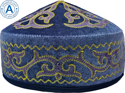 Altyn Adam cap made of velvet, short, dark blue with yellow-violet pattern