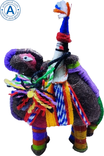 Zhibek Zholy camel with human made of felt, green-red with yellow-blue stripes photo 2