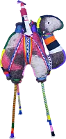 Zhibek Zholy camel with human made of felt, grey-red with black-orange stripes