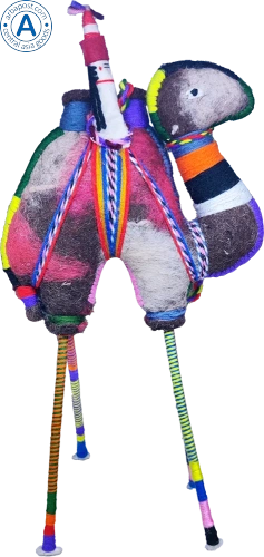 Zhibek Zholy camel with human made of felt, grey-red with black-orange stripes
