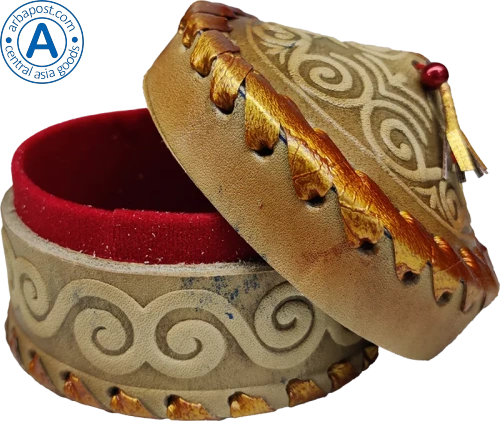 Altyn Adam storage box made of leather, round, grey with pattern