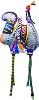 Zhibek Zholy camel with human made of felt, grey with blue-yellow-violet stripes