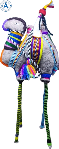 Zhibek Zholy camel with human made of felt, grey with blue-yellow-violet stripes