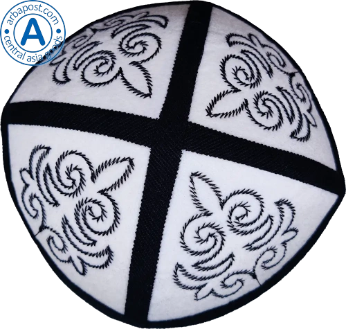 Altyn Adam cap made of velours, short, white with dark blue zhapyrak pattern photo 2