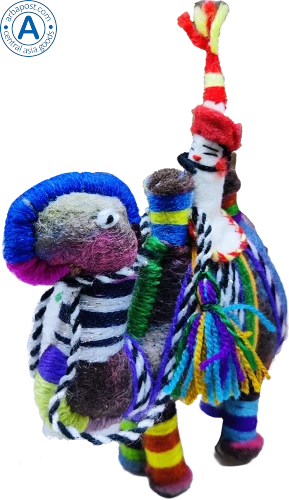 Zhibek Zholy camel with human made of felt, blue-violet with black-white stripes photo 3