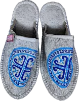 Altyn Adam slippers made of wool, round end, grey with blue pattern