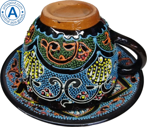 Altyn Adam cup and saucer made of ceramic, blue-black-yellow photo 3