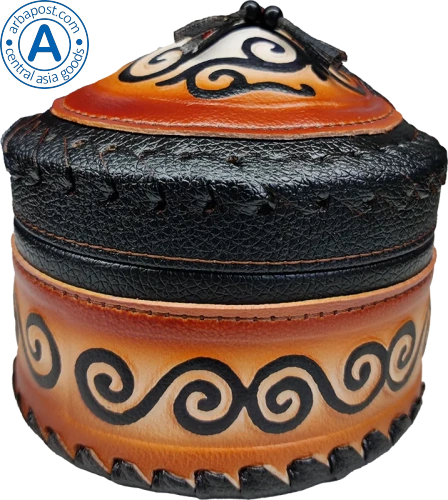 Altyn Adam storage box made of leather, round, black with brown pattern photo 2