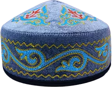 Altyn Adam cap made of velvet, short, dark blue with red-blue-yellow pattern