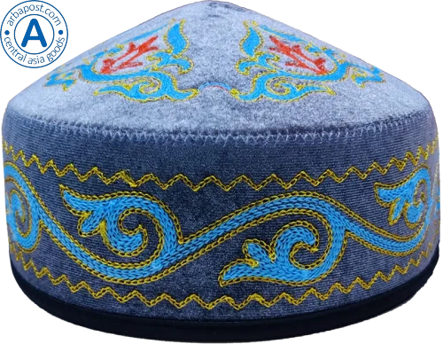 Altyn Adam cap made of velvet, short, dark blue with red-blue-yellow pattern