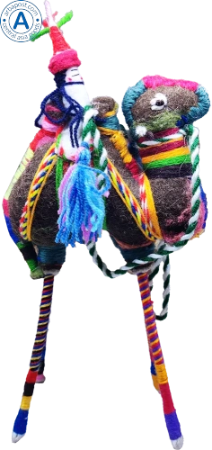 Zhibek Zholy camel with human made of felt, brown with red-yellow-green stripes photo 2