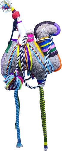 Zhibek Zholy camel with human made of felt, grey with blue-yellow-violet stripes photo 2