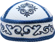 Altyn Adam cap made of velours, short, white with blue tortkulak pattern