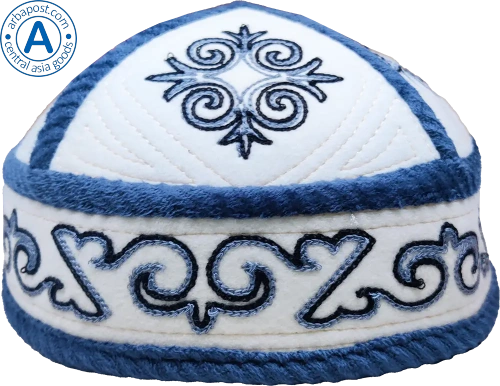 Altyn Adam cap made of velours, short, white with blue tortkulak pattern