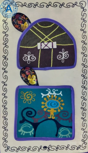 Altyn Adam picture made of felt, triple, green yurt-yellow man on blue background photo 2