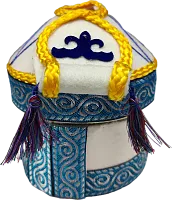 Altyn Adam yurt made of felt with gold threads, blue braid and pattern