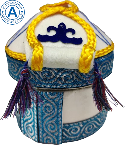 Altyn Adam yurt made of felt with gold threads, blue braid and pattern
