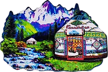 Altyn Adam magnet, Kazakhstan nature, mountain river and yurts
