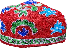Altyn Adam cap made of combined fabric, short, red with blue-green pattern