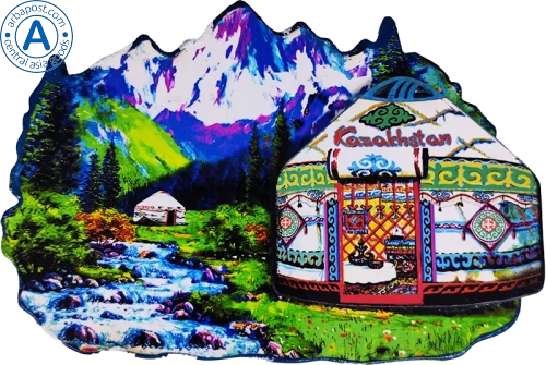 Altyn Adam magnet, Kazakhstan nature, mountain river and yurts