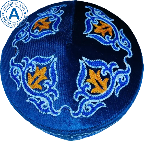 Altyn Adam cap made of velvet, short, blue with white-orange-blue pattern photo 2