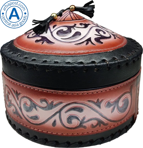Altyn Adam storage box made of leather, round, black with red pattern photo 2