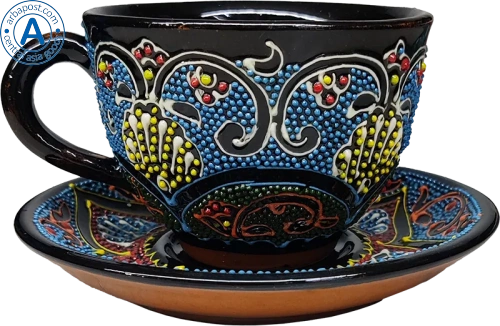 Altyn Adam cup and saucer made of ceramic, blue-black-yellow photo 2