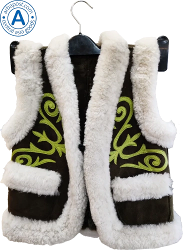 Altyn Adam children's vest made of suede and fur, brown with light-green pattern