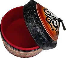 Altyn Adam storage box made of leather, round, black with brown pattern