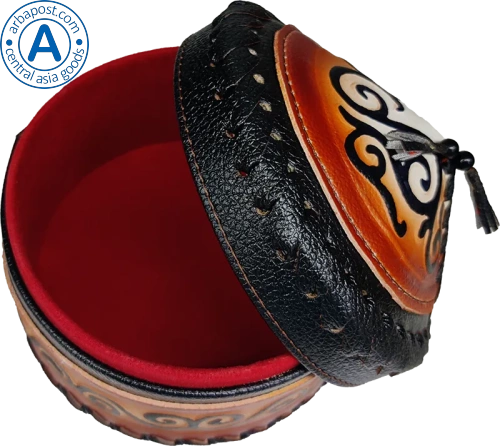 Altyn Adam storage box made of leather, round, black with brown pattern