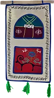Altyn Adam picture made of felt, triple, dark red yurt-orange man on red background