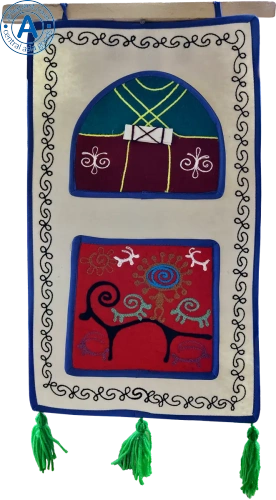 Altyn Adam picture made of felt, triple, dark red yurt-orange man on red background