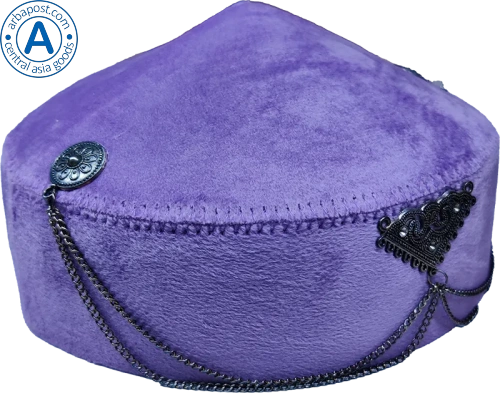 Altyn Adam cap made of velvet, short, violet with triangular metal pattern photo 3