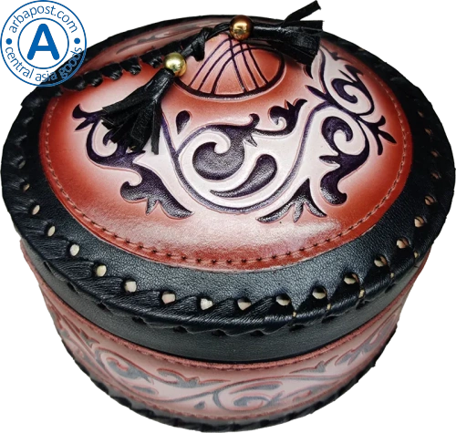 Altyn Adam storage box made of leather, round, black with red pattern photo 3
