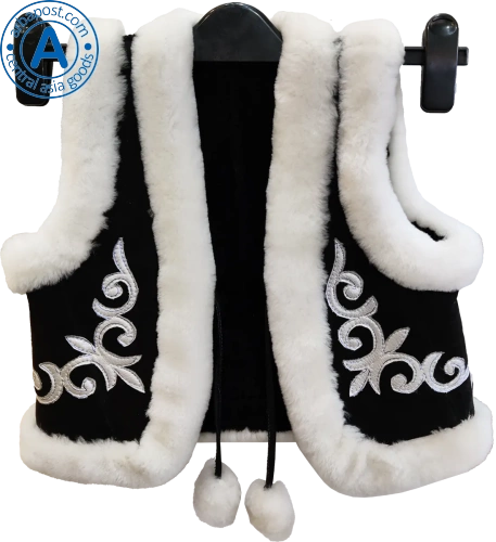 Altyn Adam children's vest made of suede and fur, black with silver pattern