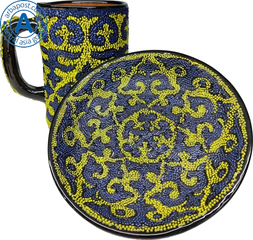 Altyn Adam mug and saucer made of ceramic, blue-yellow photo 4